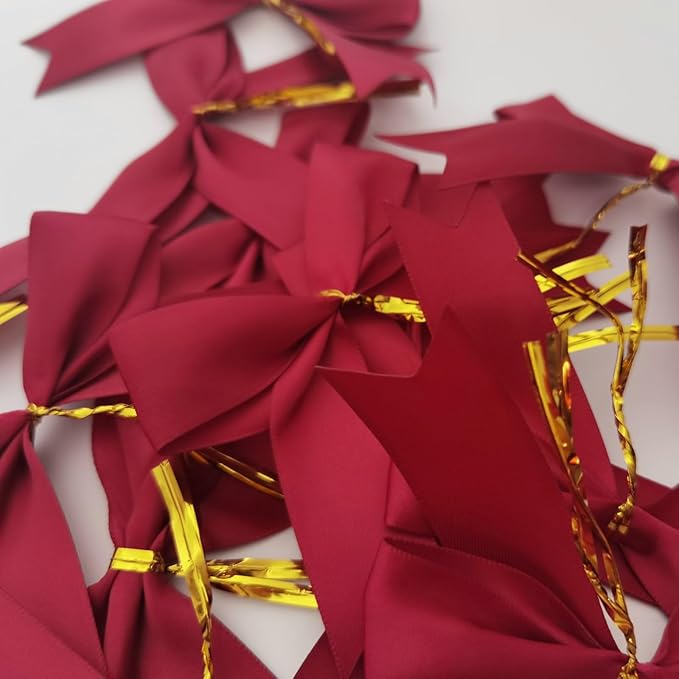 50pcs 3-1/2" Burgundy Twist Ties Satin Wine Color Bows with Twist Tie Bows Fish Tail Cutting(Burgundy)