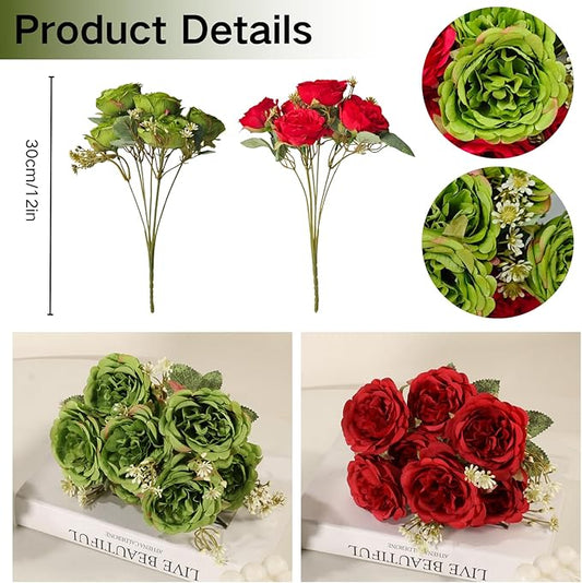 ASTRYAS Peonies Artificial Flowers, 2Pcs Fake Peony Silk Peonies for Christmas Decoration Flowers Arrangements Home Decor Wedding Party (Green & Red)