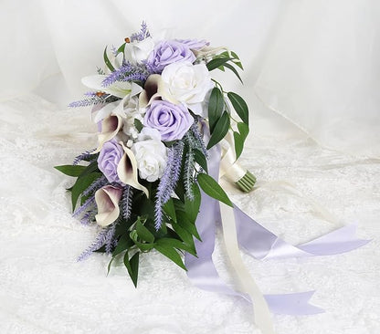 Wedding Bouquet,11 Inch Bridal Bouquet Cascading Wedding Bouquets for Bride for Wedding Ceremony and Anniversary(Lilac & White)