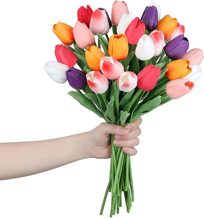 SITUMEIZI Fake Flowers Tulips Artificial Silk Flower 15pcs Real Touch 14" for Spring Easter Home Kitchen Wedding Bouquet Bulk Mother's Gift Day Decorations(Multicolor,6)