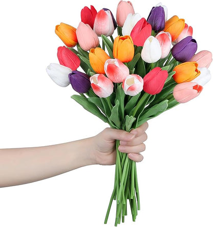 SITUMEIZI Fake Flowers Tulips Artificial Silk Flower 15pcs Real Touch 14" for Spring Easter Home Kitchen Wedding Bouquet Bulk Mother's Gift Day Decorations(Multicolor,6)