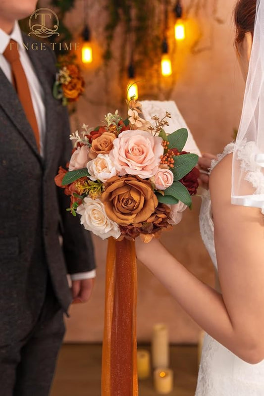 TINGE TIME Artificial 9 Inch Bridal Bouquet, Terracotta Flower Bouquet with Roses for Bride, Bridal Tossing Bouquet for Fall Wedding Ceremony Anniversary Bridal Showers Wedding Church Decoration