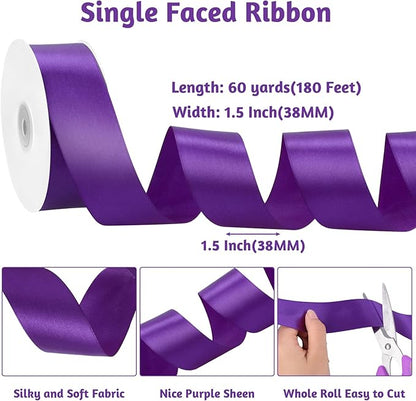 Purple Ribbon 1 1/2 Inch 60 Yards Purple Satin Ribbon Halloween Ribbons for Fall Decor Bows Crafts Flower Bouquet Wedding Christmas Decorations