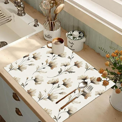 Linen Fabric Floral Placemats Set of 4 Vintage Table Mats with Beige/Brown Botanical Design, Heat-Resistant Tabletop Place Mats 12x18 in Backing for Picnic Kitchen and Dining Decor for Indoor