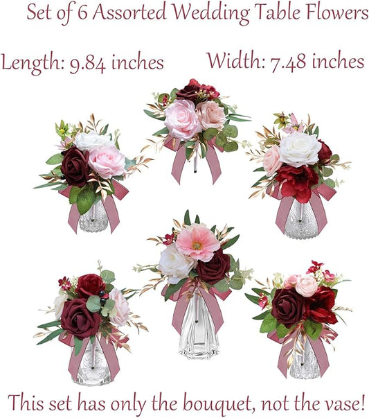 Marriwise Set of 6 Burgundy Red Assorted Wedding Flower Centerpieces Pre-Made Mini Bridesmaid Bouquets Artificial Floral Rose Table Decor for Wedding Decorations Shower Home Decor (Burgundy Red)