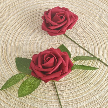 homEdge Artificial Rose, 25pcs Foam Artificial Flowers with Stem for Home Decorations, Wedding Bouquets, Party, Certerpieces, Anniversaries-Burgundy