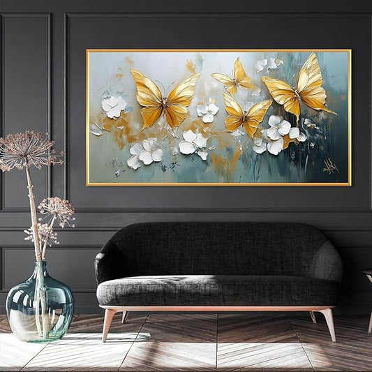 Butterfly Canvas Wall Art, Butterfly and Flower Wall Decor, Butterfly Prints, Abstract Textured Canvas Wall Art, Artwork for Walls, Oil Painting Wall Art, Wall Decor Living Room (Gold Frame, *39"x19"|100x50cm)