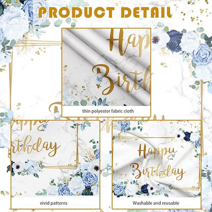 MEHOFOND 7x5ft Happy Birthday Backdrop Blue and White Flowers Bday Photography Background Girls Geometric Gold Glitter Dots Birthday Floral Party Decorations Cake Smash Decor Studio Photo Props