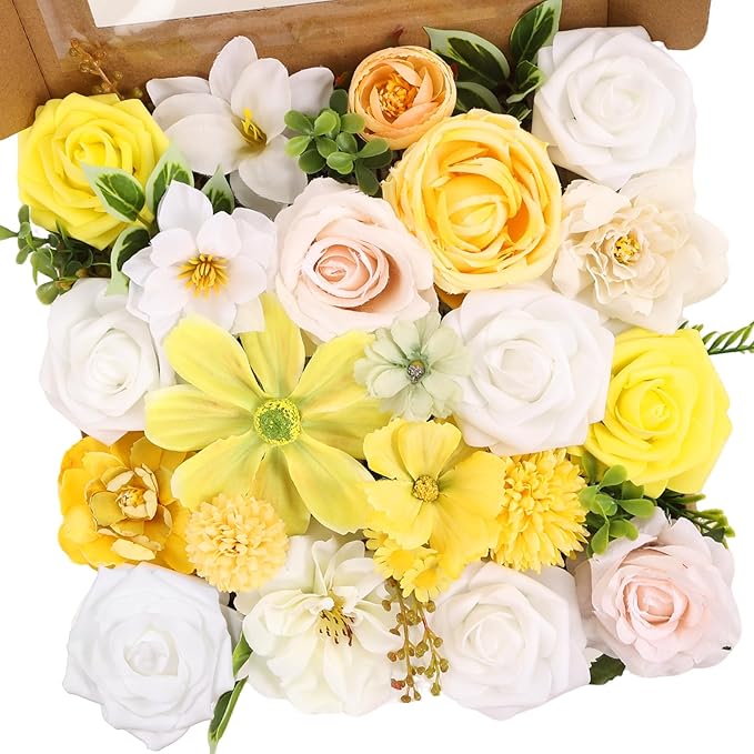 Artificial Flowers Combo Box Set Artificial Bouquets Wedding Flowers Faux Yellow Flowers Roses with Stems for Wedding Centerpieces Party Home Decor