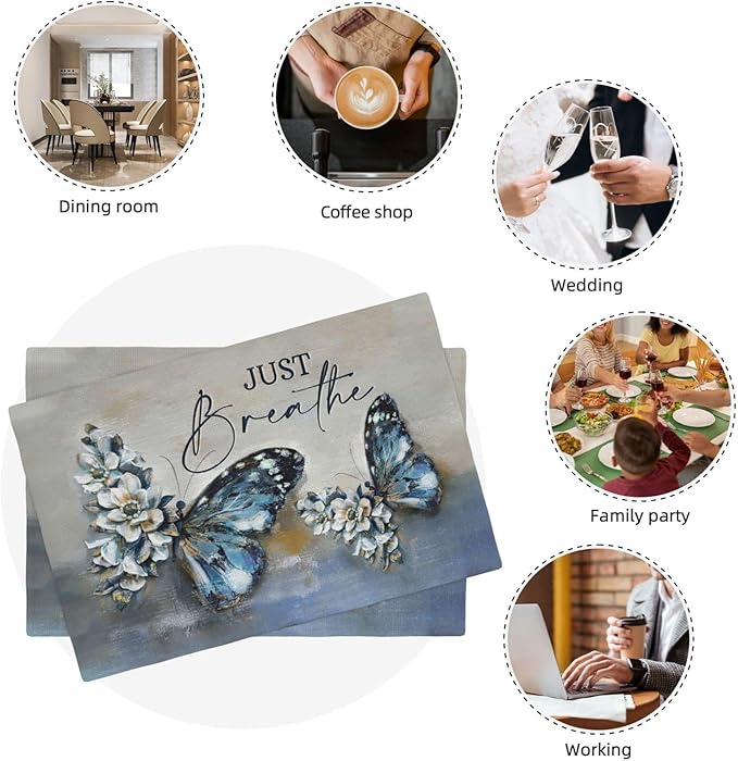 Blue Butterfly Placemats Set of 4, Farmhouse Country Rustic Just Breathe Place Mats Washable Double-Sided Table Mats for Dining Room Home Party Indoor 4 PCS 12x18 Inch