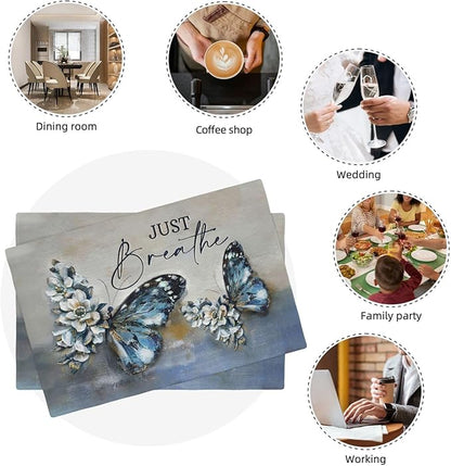 Blue Butterfly Placemats Set of 4, Farmhouse Country Rustic Just Breathe Place Mats Washable Double-Sided Table Mats for Dining Room Home Party Indoor 4 PCS 12x18 Inch
