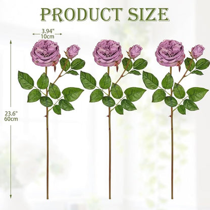 Real Touch Artificial Roses (Set of 3) – 23.6" Long Stem Purple Garden Roses – Lifelike Faux Silk Flowers for Wedding Bouquets, Home Décor, Centerpieces & Floral Arrangements