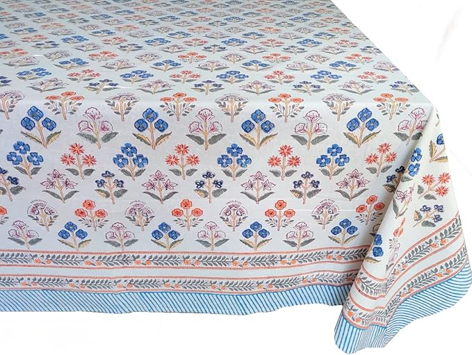 ATOSII Flora Bloom 100% Cotton Rectangle Summer Tablecloth, Block Print Floral Table Cloth for Dining Parties Wedding Outdoors I Grand Millennial Home Decor 60 X 90 Inches I 6 Seater I Memorial Day