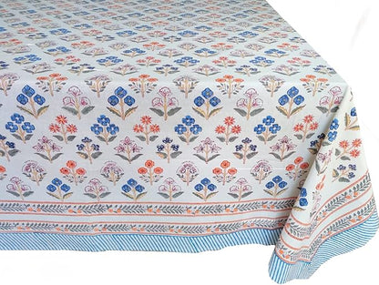 ATOSII Flora Bloom 100% Cotton Rectangle Summer Tablecloth, Block Print Floral Table Cloth Linen for Kitchen Dining I Parties Wedding Outdoors I Home Decor 60 X 108 Inches I 8 Seater I Memorial Day