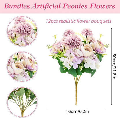 Olgaa 12 Bundles Peonies Artificial Flowers Silk Flowers Fake Peony Bouquet Faux Peonies Flowers Bulk for Wedding Decor Centerpiece Table Decorations (Light Purple)