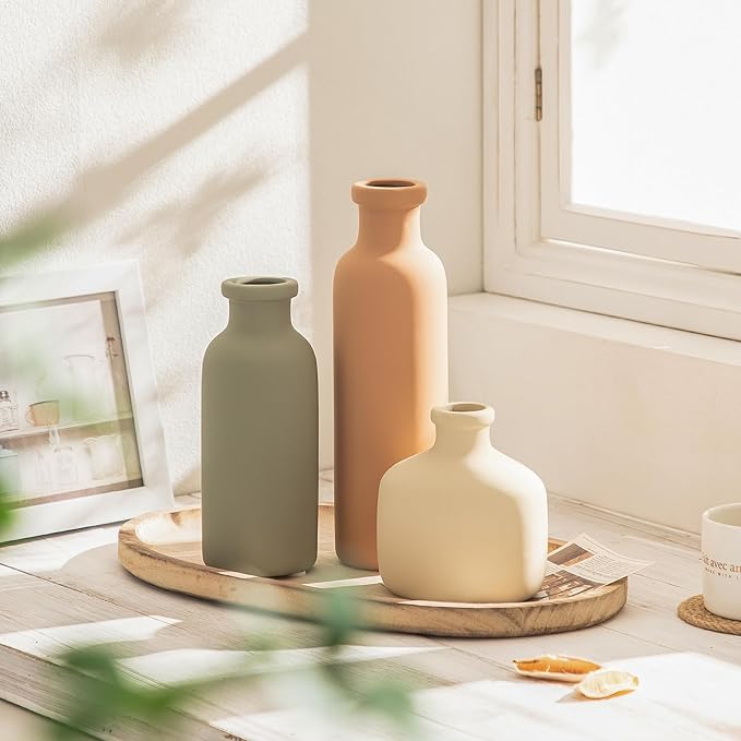 Ceramic Vase Set of 3 - Rustic Vases Set for Flower Centerpieces Pampas Grass - 3 Bud Vase for Decor - Modern Decoration Terracotta Vases for Home Farmhouse Table Office, Mini Pottery Vase by Lyeec
