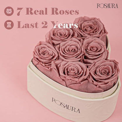 Rosaura Heart-Shaped Preserved Roses Gift Box - Real Forever Flowers for Birthday, Valentine's & Mother's Day (Cappuccino, 7 Roses)