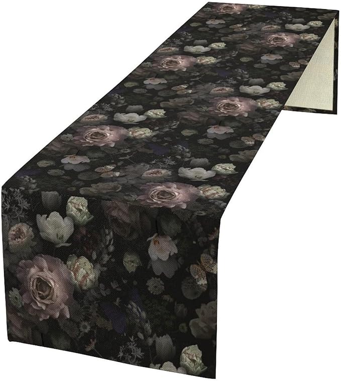 Vintage Floral Table Runner, Black Pink Flower Rose Gothic Garden with Beautiful Blooming Roses Print Table Runner for Home Kitchen Dinning Table Indoor Outdoor Holiday, 13x36inch