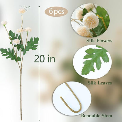 mizii 6Pcs Beige Fake Silk Pompon Mum Artificial Flowers Bulk Small Faux Chrysanthemums with Stems Floral Decorations for Wedding DIY Bouquet Centerpieces Shower Vase Home Decor (Bright Beige)