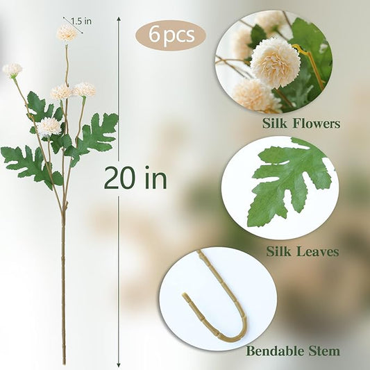 mizii 6Pcs Beige Fake Silk Pompon Mum Artificial Flowers Bulk Small Faux Chrysanthemums with Stems Floral Decorations for Wedding DIY Bouquet Centerpieces Shower Vase Home Decor (Bright Beige)