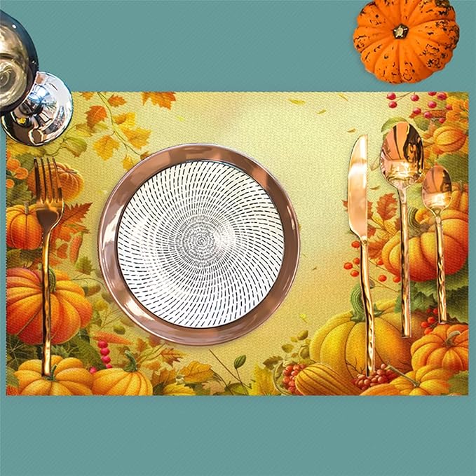 Thanksgiving Fall Yellow Pumpkin Placemats Set of 1 PVC Vinyl Non Slip Table Mats Heat Resistant Place Mats Washable Wipeable Dining Table Mat for Kitchen Decor Party Indoor Outdoor Decorative Gift