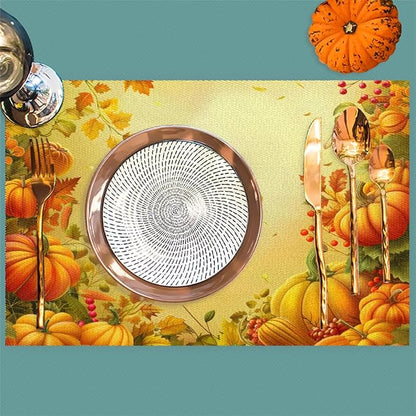 Thanksgiving Fall Yellow Pumpkin Placemats Set of 4 PVC Vinyl Non Slip Table Mats Heat Resistant Place Mats Washable Wipeable Dining Table Mat for Kitchen Decor Party Indoor Outdoor Decorative Gift