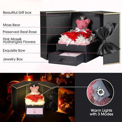 Cute Preserved Real Roses Bear Gift Box for Girlfriend with Initial Necklace N, Unique Birthday Gift for Mom, Her, Grandma, Anniversary Presents for Wife Women