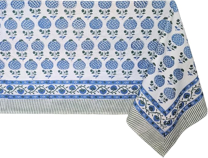 ATOSII Roma Blue 100% Cotton Boho Rectangle Fall Tablecloth, Handblock Floral Print Table Cloth Linen for Kitchen Dining I Parties, Outdoors, Weddings, Christmas, Thanksgiving Decor 60 X 90 Inches