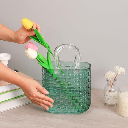 Glass Purse Vase for Flowers, Green Purse Flower Vase, Wide Mouth Glass Bag Vases, 10 Inch Large Handbag Shaped Vases for Home, Office Decor