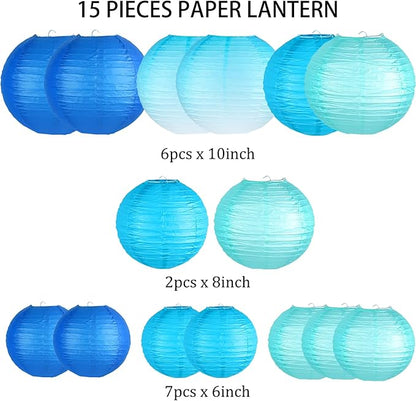Paper Lanterns Decorative, Gradient Blue Round Hanging Paper Lantern Decorations for Anniversary Graduation Wedding Birthday Party Baby Shower Decorations, 15Pcs