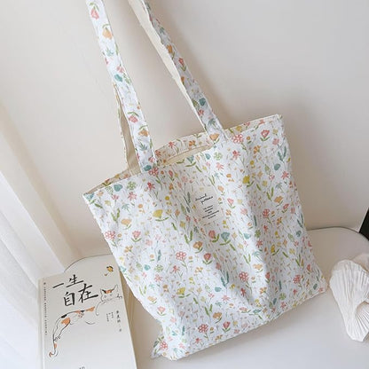 Cotton Canvas Tote Bag Reusable Soft Grocery Cloth Bag Floral Shoulder Bag for Beach Travel Shopping
