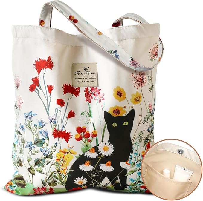 Aesthetic Cotton Tote Bag for Women - Reusable Shoulder Bag with Buckle Fabric Bag for Gym, Travel, Work