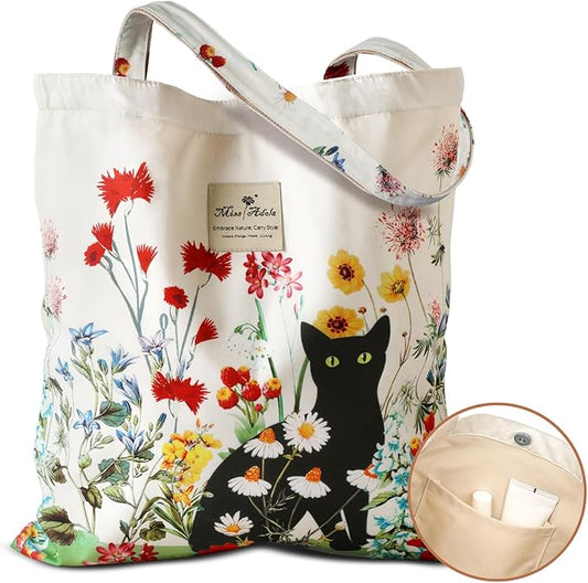 Aesthetic Cotton Tote Bag for Women - Reusable Shoulder Bag with Buckle Fabric Bag for Gym, Travel, Work