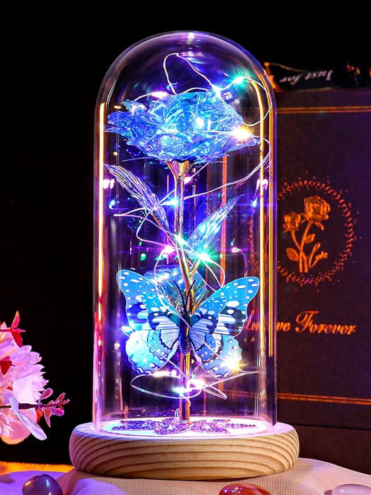 Christmas Rose Gifts for Women Mom Birthday Gifts, Galaxy Glass Rose Forever Preserved Flowers for Delivery Prime Light Up Rose in Glass Dome with Butterfly Xmas Gifts for Grandma Her Wife Daughter