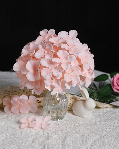 DuHouse Silk Hydrangea Artificial Flower Heads with Stems Fake Hydrangeas Flowers for DIY Wedding Centerpiece Home Decor,Pack of 6 (Blush)