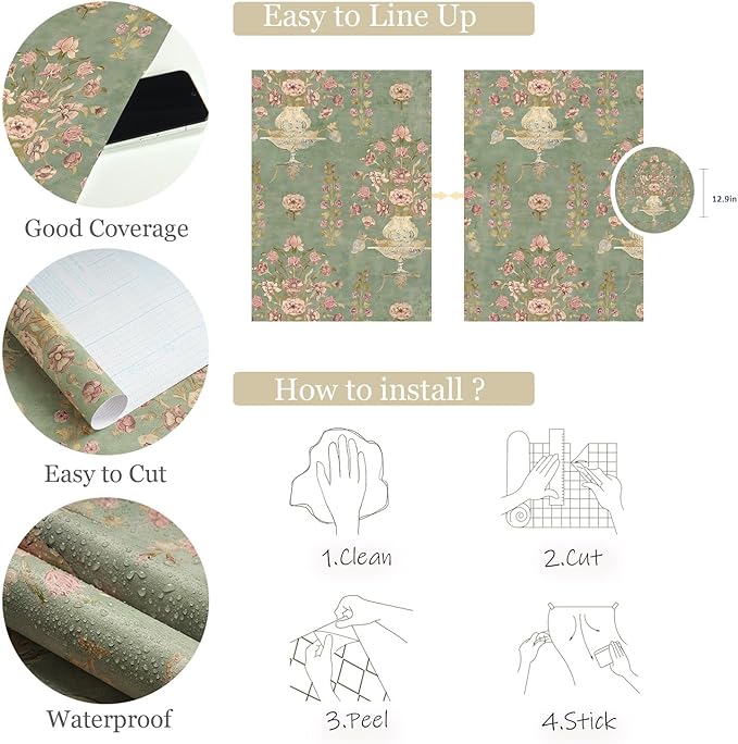 Orainege Floral Wallpaper Peel and Stick Wallpaper Modern Contact Paper 16.9in x 118.1in Self Adhesive Wall Paper for Bedroom Bathroom Shelf Liner Decor Removable