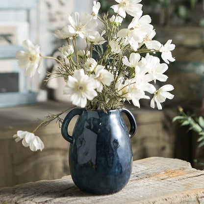 Blue Ceramic Vase with 2 Handles, Modern Farmhouse Decor, Rustic Terracotta Pottery, Decorative Flower Vases, Clay Small Vase, Centerpiece for Dining Table - 7 Inch Tall