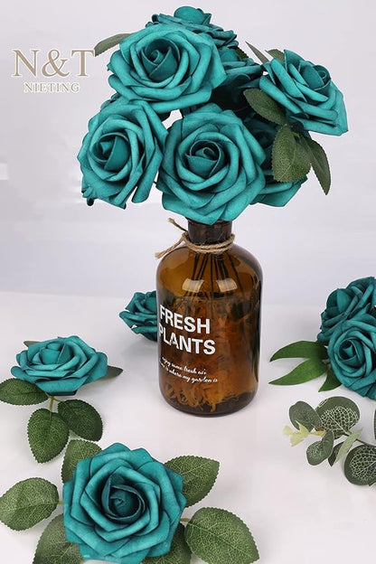 N&T NIETING Artificial Flowers Foam Roses 25 pcs Peacock Green Fake Roses w/Stem for DIY Home Decor Indoor Outdoor Centerpieces Arrangements Bouquets