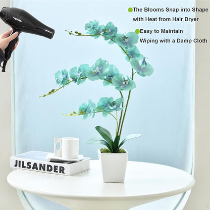 Faux Orchid in Vase Large Artificial Orchid in Ceramic Vase Teal Silk Orchids with Stems Real Look Potted Fake Flowers Arrangement Centerpiece Table Decorations for Home Decor Indoor, Golden Blue