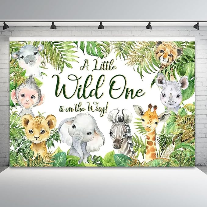 15x8ft Baby Shower Backdrop A Little Wild One is On The Way Photography Background Jungle Animals Tropical Green Leaf Newborn Birthday Party Banner Decorations Gender Reveal Photo Booth Prop