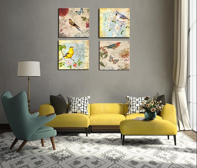 Flowers Birds Canvas Wall Art for Bedroom Floral Wall Decor Butterfly Picture Framed Artwork Vintage Prints Paintings for Bathroom Kitchen Decorations