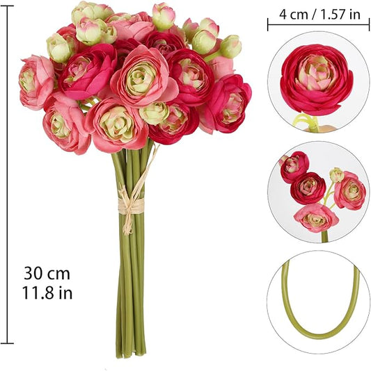 IPOPU Artificial Ranunculus Deep Pink Silk Flowers with Stems 12PCS Mini Fake Flowers for DIY Wedding Bouquet Bridal Shower Decorations Floral Filler Flowers Centerpieces (Shade of Hot Pink)