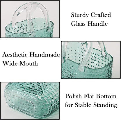 Glass Purse Vase for Flowers, Green Purse Flower Vase, Wide Mouth Glass Bag Vases, 10 Inch Large Handbag Shaped Vases for Home, Office Decor