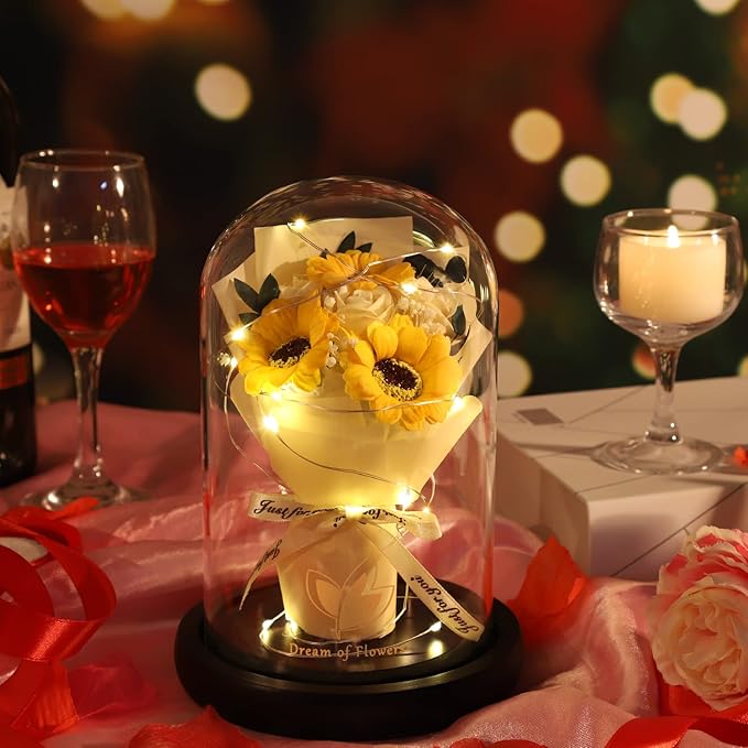 Christmas Sunflower Gifts for Her,Flower Rose in Glass Dome with 2 Lighting Mode,Sunflower Gifts for Mom,Artificial Forever Flowers Xmas Birthday Gifts for Women Mom Wife Girlfriend Sister Friend