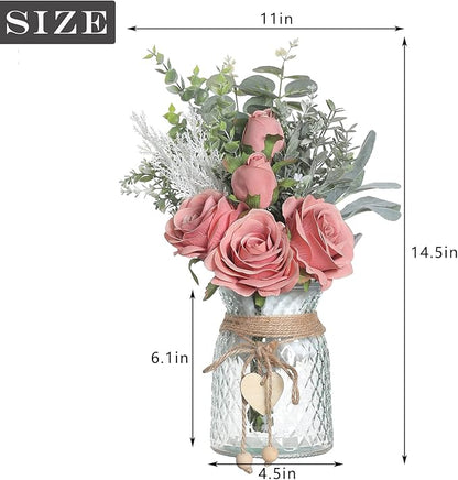 Faux Flowers with Vase,Artificial Silk Roses in Vase, Fake Plant Eucalyptus Flower Arrangement for Home Office Farmhouse Bathroom Dining Table Centerpiece Decorations Coffee Table Decor (Dusty Pink)