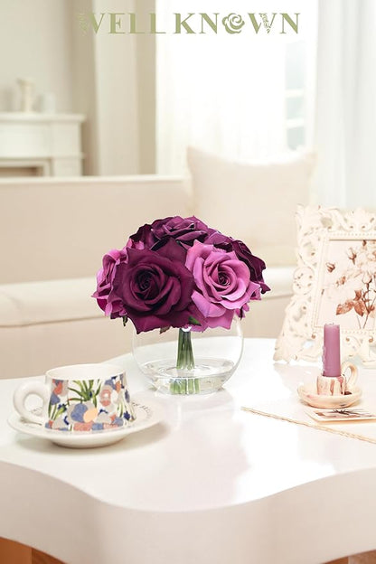 WELL KNOWN Silk Purple and Pink Roses Bouquet in Vase, Artificial Fake Flowers Arrangements in Glass Vase with Faux Water for Home Office Hotel Birthday Wedding Party Table Decoration & Mom's Gift