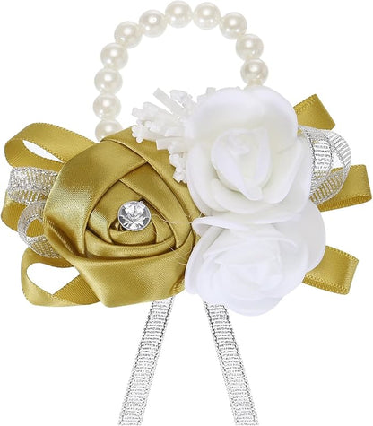 MECCANIXITY Wrist Corsage Artificial Flower Bracelets Rose Wrist Bride Groom Decorative for Wedding Ceremony Prom Party Anniversary Dark Yellow