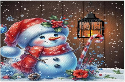 Christmas Art Snowman Snowflake Placemats Set of 1 PVC Vinyl Non Slip Table Mats Heat Resistant Place Mats Washable Wipeable Dining Table Mat for Kitchen Decor Party Indoor Outdoor Decorative Gift