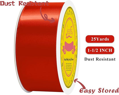 Double Face Red Satin Ribbon 1-1/2 inch X 25 Yards Polyester Red Ribbon for Gift Wrapping Very Suitable for Weddings Party Hair Bow Invitation Decorations and More