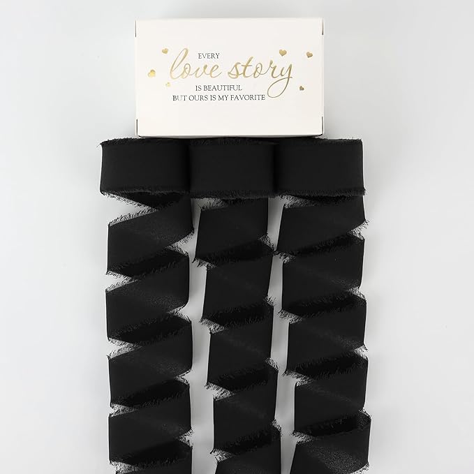 MEEDEE Black Chiffon Ribbon 1 Inch Frayed Ribbon Chiffon Silk Ribbons Black Fringe Thin Chiffon Ribbons for Crafts, Gift Wrapping, Wedding Invitation (3 Rolls 21 Yards)